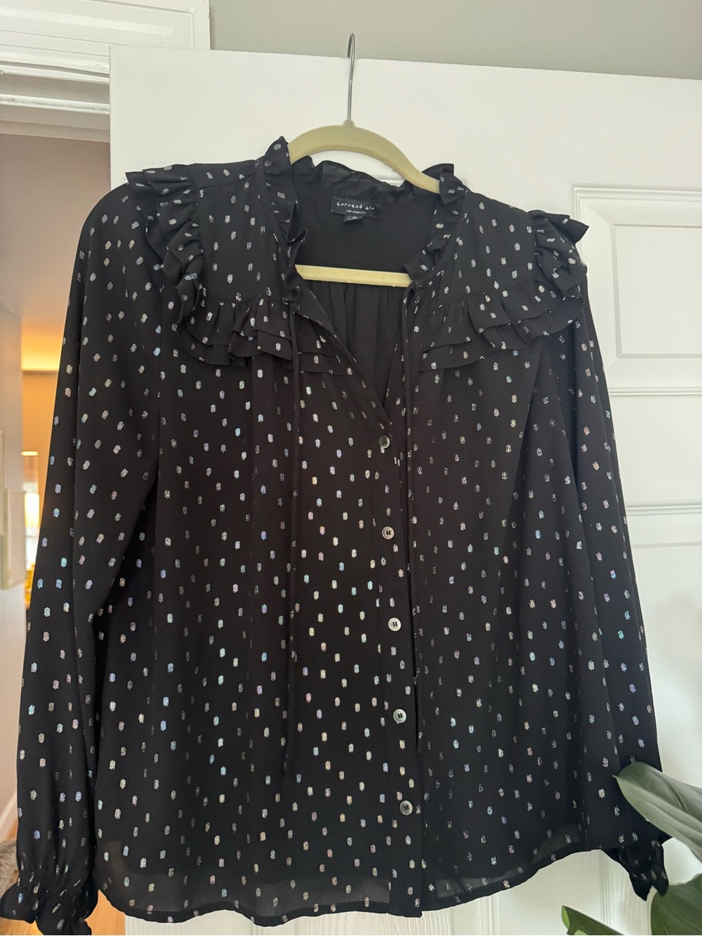 Current Air Ruffled Collar Iridescent Button-Up Blouse